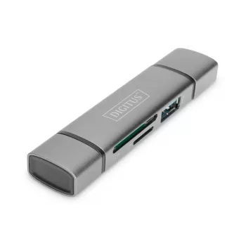 DIGITUS DA-70886 Kortelių skaitytuvas su USB-C ir USB 3.0 jungtimis, 1x SD, 1x MicroSD, 1x USB 3.0, pilka spalva