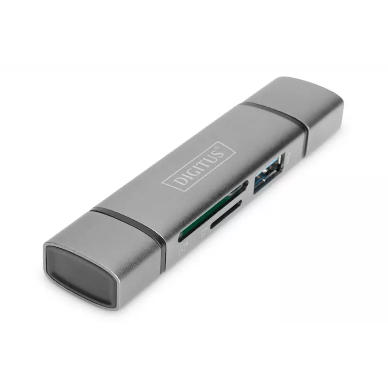 DIGITUS DA-70886 Kortelių skaitytuvas su USB-C ir USB 3.0 jungtimis, 1x SD, 1x MicroSD, 1x USB 3.0, pilka spalva