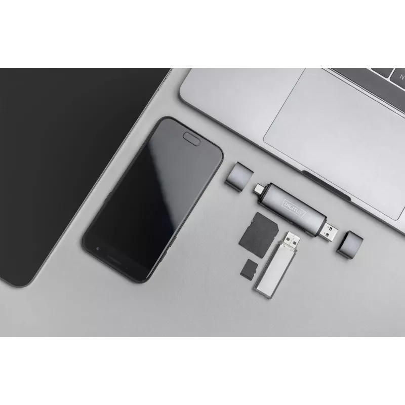 DIGITUS DA-70886 Kortelių skaitytuvas su USB-C ir USB 3.0 jungtimis, 1x SD, 1x MicroSD, 1x USB 3.0, pilka spalva