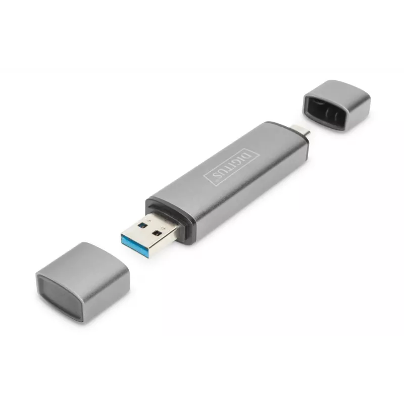 DIGITUS DA-70886 Kortelių skaitytuvas su USB-C ir USB 3.0 jungtimis, 1x SD, 1x MicroSD, 1x USB 3.0, pilka spalva