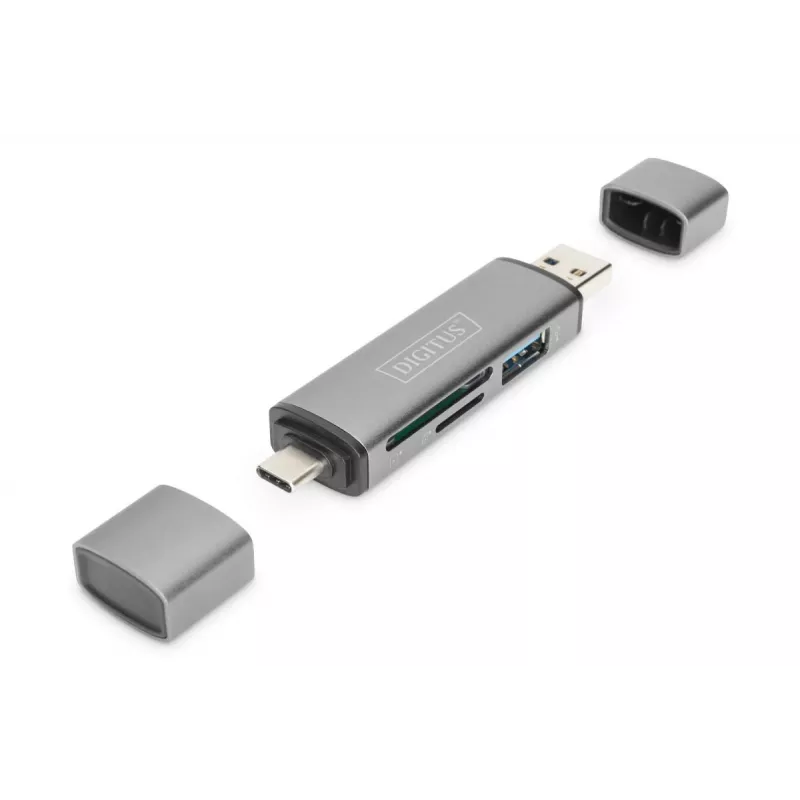 DIGITUS DA-70886 Kortelių skaitytuvas su USB-C ir USB 3.0 jungtimis, 1x SD, 1x MicroSD, 1x USB 3.0, pilka spalva