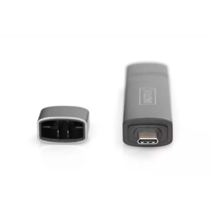 DIGITUS DA-70886 Kortelių skaitytuvas su USB-C ir USB 3.0 jungtimis, 1x SD, 1x MicroSD, 1x USB 3.0, pilka spalva