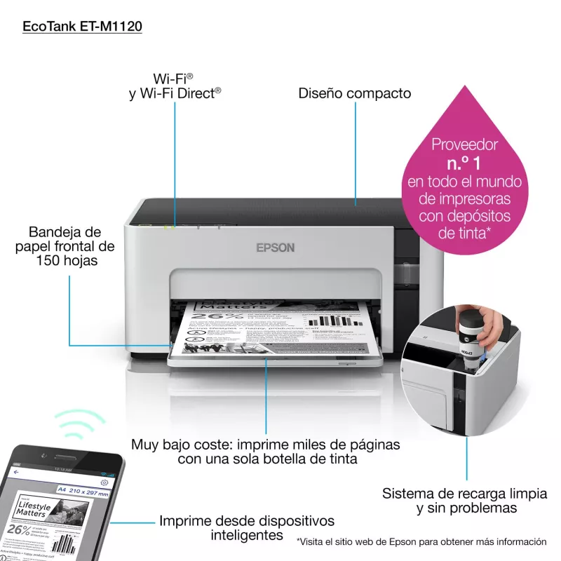 Spausdintuvas rašalinis Epson EcoTank ET-M1120 — nespalvotas, A4, 1440x720 DPI, Wi‑Fi, papildomas rašalo bakelis