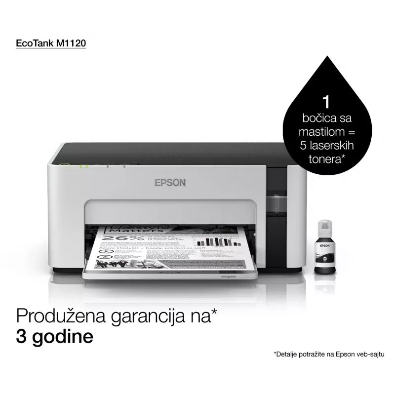 Spausdintuvas rašalinis Epson EcoTank ET-M1120 — nespalvotas, A4, 1440x720 DPI, Wi‑Fi, papildomas rašalo bakelis
