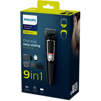 Philips MULTIGROOM Series 3000 9-in-1 MG3740/15 daugiafunkcis kirpimo ir priežiūros prietaisas – NiMH baterija, 60 min veikimo, nerūdijančio plieno peiliukai, 9 šukos, juodas