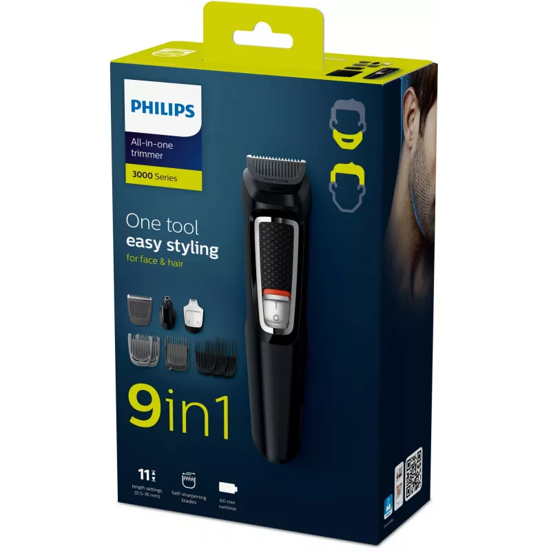 Philips MULTIGROOM Series 3000 9-in-1 MG3740/15 daugiafunkcis kirpimo ir priežiūros prietaisas – NiMH baterija, 60 min veikimo, nerūdijančio plieno peiliukai, 9 šukos, juodas
