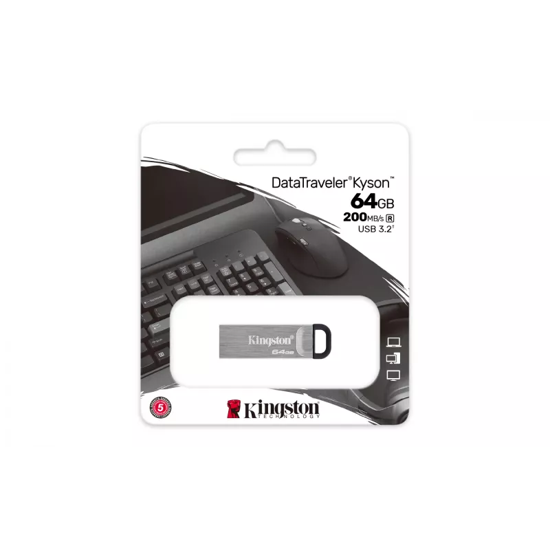 „Kingston Technology DataTraveler 64GB Kyson“ USB atmintukas, 64 GB, USB Type-A, 3.2 Gen 1, 200 MB/s, be dangtelio, sidabrinis