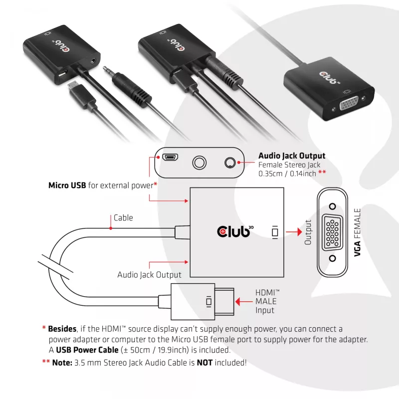 CLUB3D CAC-1302 vaizdo kabelio adapteris 0,5 m HDMI A tipo (standartinis) – VGA (D-Sub) juodas