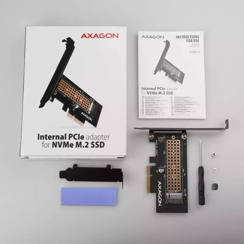AXAGON ECO PCEM2-N PCIe NVMe M.2 adapteris vidinis PCI-Express x4, skirtas prijungti NVMe M.2 SSD diską prie kompiuterio