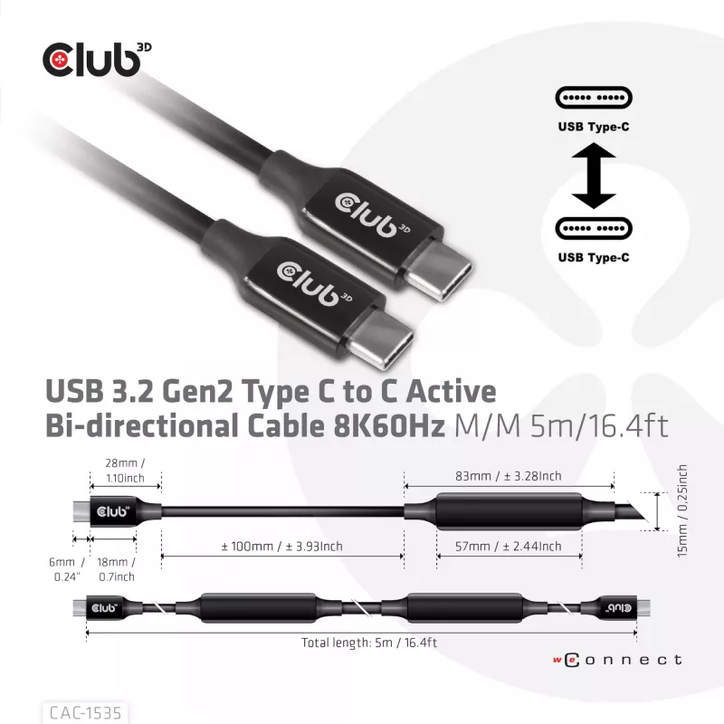 CLUB3D USB 3.2 Gen2 Type C į C aktyvus dvikryptis kabelis 8K60Hz M/M 5m