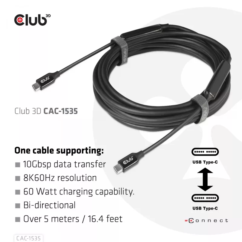 CLUB3D USB 3.2 Gen2 Type C į C aktyvus dvikryptis kabelis 8K60Hz M/M 5m
