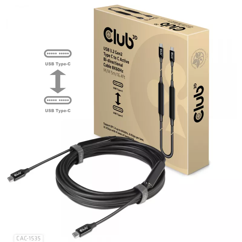 CLUB3D USB 3.2 Gen2 Type C į C aktyvus dvikryptis kabelis 8K60Hz M/M 5m