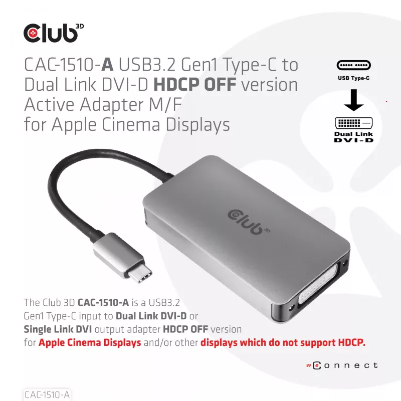 CLUB3D USB3.2 Gen1 Type-C į DVI-D Dual Link aktyvus adapteris (HDCP išjungta) Apple Cinema ekranams