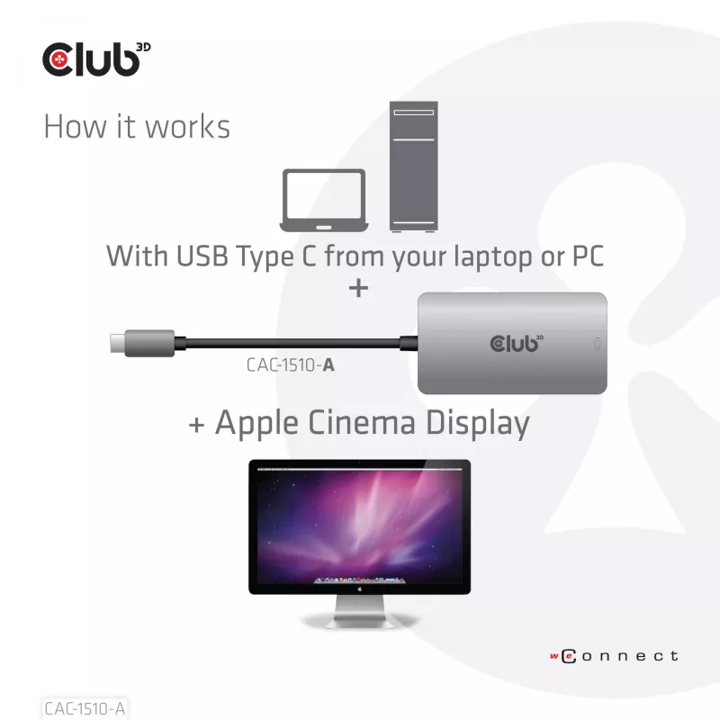 CLUB3D USB3.2 Gen1 Type-C į DVI-D Dual Link aktyvus adapteris (HDCP išjungta) Apple Cinema ekranams