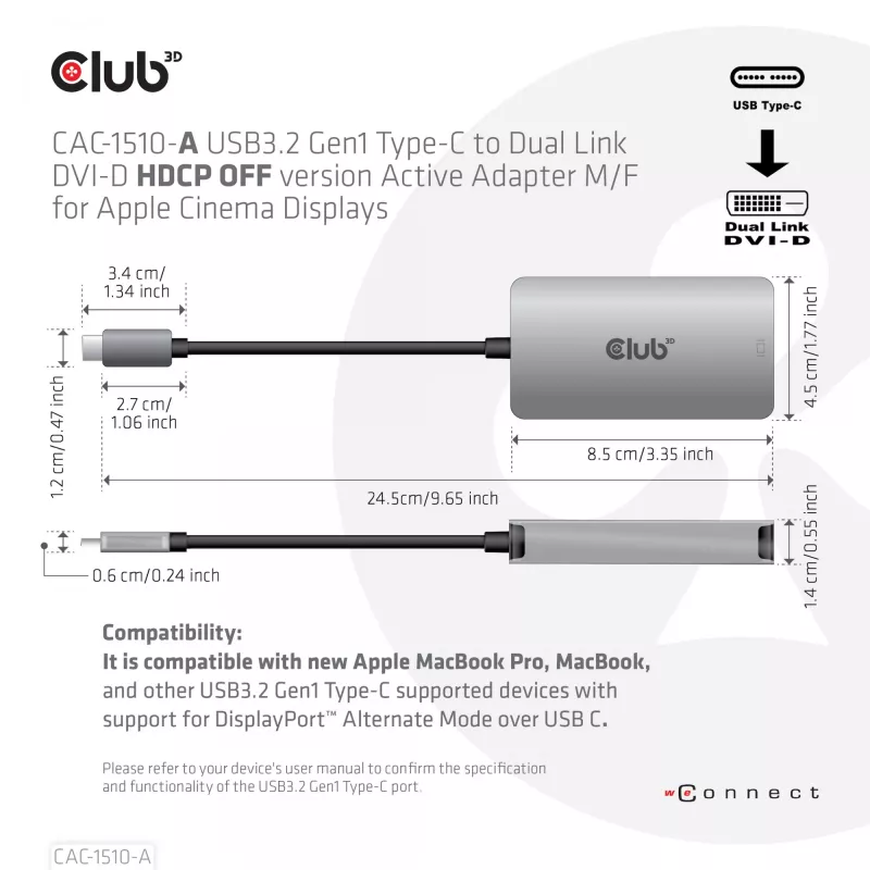 CLUB3D USB3.2 Gen1 Type-C į DVI-D Dual Link aktyvus adapteris (HDCP išjungta) Apple Cinema ekranams