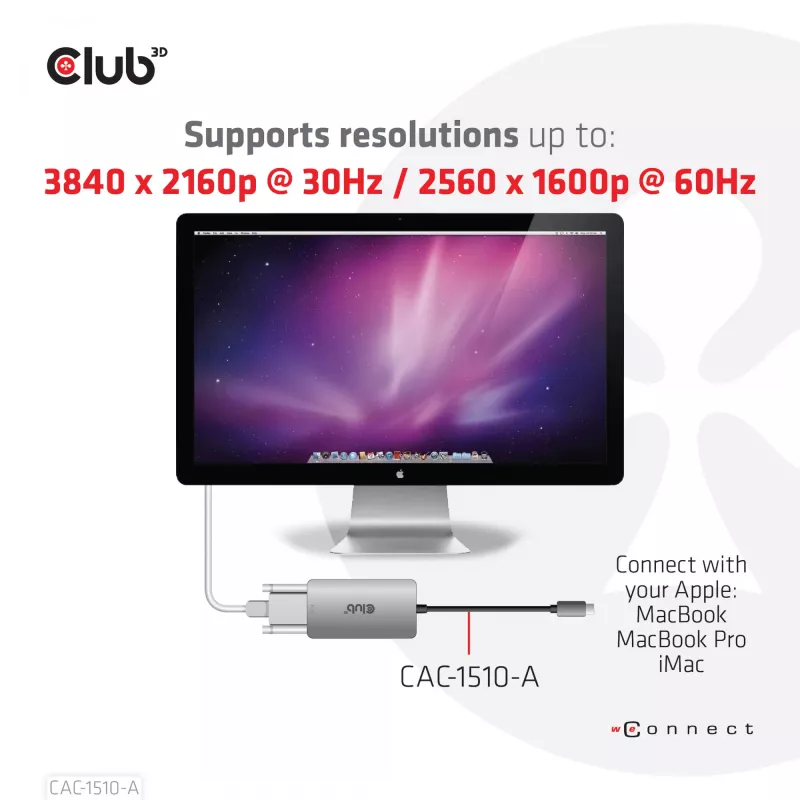 CLUB3D USB3.2 Gen1 Type-C į DVI-D Dual Link aktyvus adapteris (HDCP išjungta) Apple Cinema ekranams