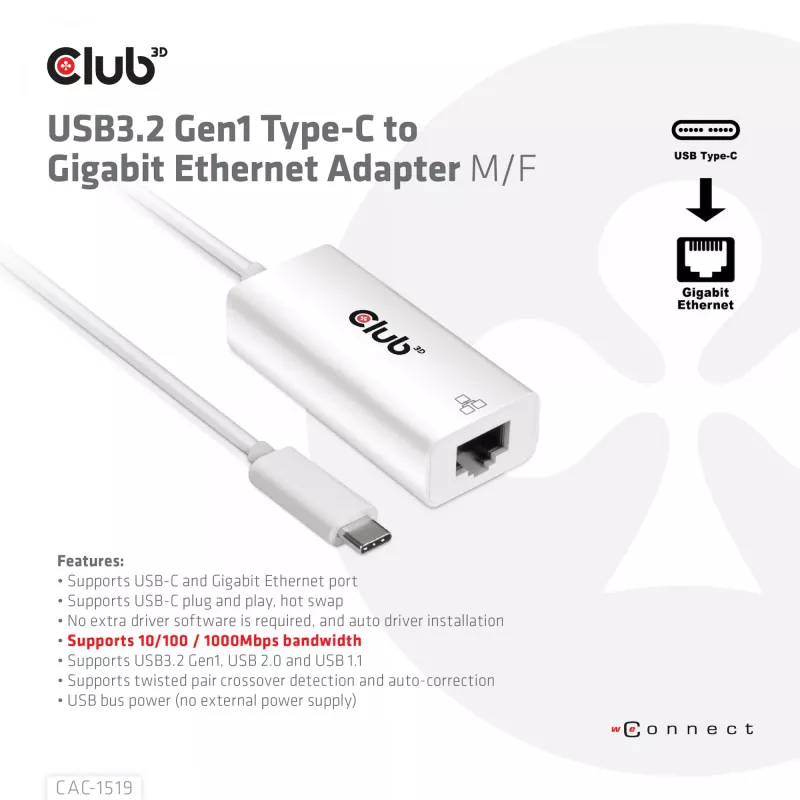 USB3.2 Gen1 Type-C į Gigabit Ethernet adapteris CLUB3D CAC-1519