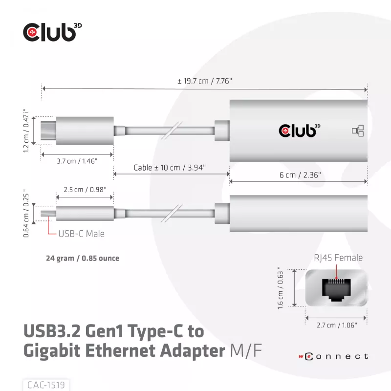 USB3.2 Gen1 Type-C į Gigabit Ethernet adapteris CLUB3D CAC-1519
