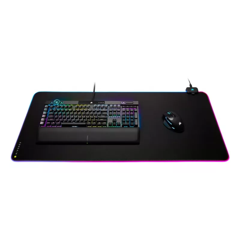 Žaidimų pelėdė CORSAIR MM700 RGB — 930×400 mm, 4 mm storio, guminis pagrindas, USB LED foninis apšvietimas, juoda