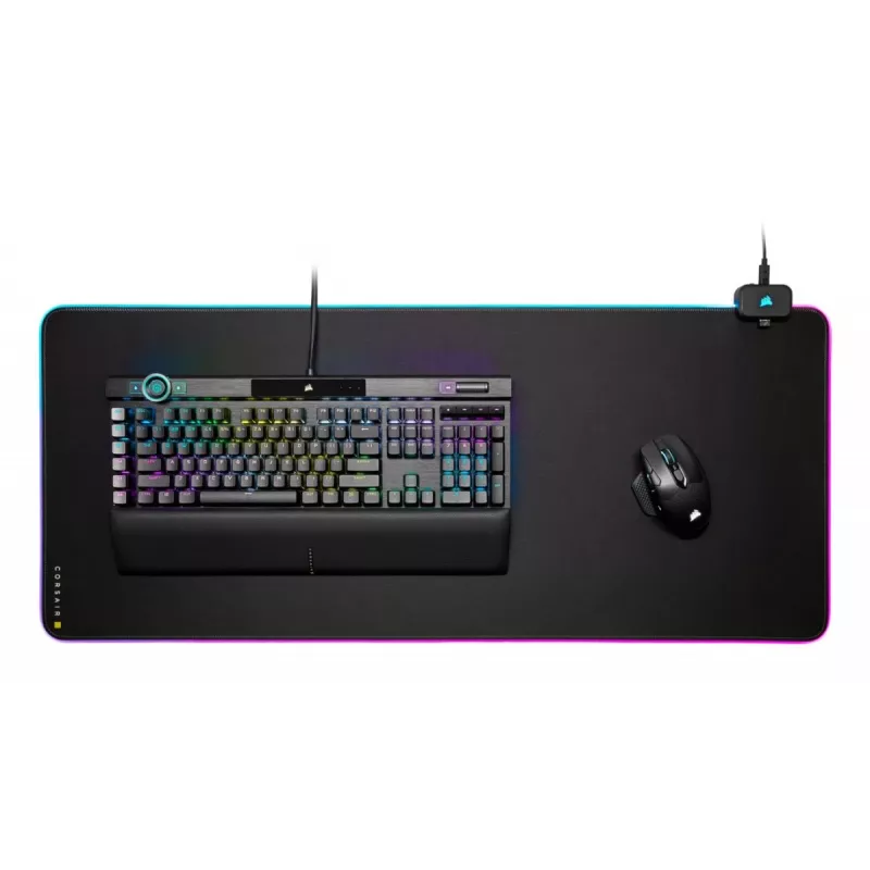 Žaidimų pelėdė CORSAIR MM700 RGB — 930×400 mm, 4 mm storio, guminis pagrindas, USB LED foninis apšvietimas, juoda
