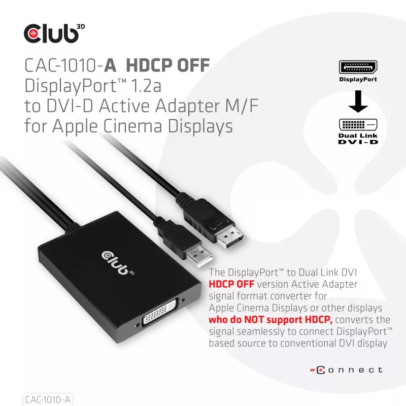 Aktyvus adapteris DisplayPort į Dual Link DVI-D CLUB3D CAC-1010-A, DisplayPort į DVI-D + USB, 0,6 m