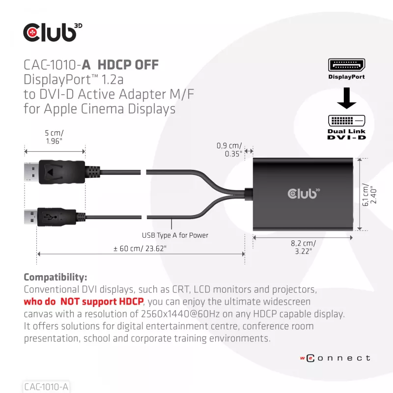 Aktyvus adapteris DisplayPort į Dual Link DVI-D CLUB3D CAC-1010-A, DisplayPort į DVI-D + USB, 0,6 m