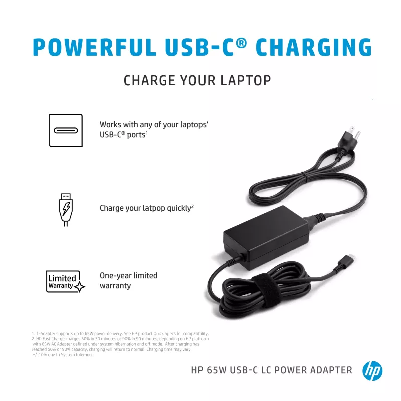 HP 65W USB-C LC maitinimo adapteris, nešiojamam kompiuteriui, vidaus, 65 W, AC-DC, HP, verslui