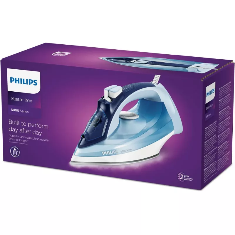 Lyginimo lygintuvas Philips DST5030/20 – 2400 W, 0,32 l bakelis, SteamGlide Plus padas, 45 g/min nuolatinis garas, 180 g/min garo smūgis, mėlynas