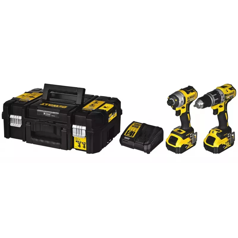 Belaidis įrankių rinkinys DeWalt DCK266P2T — 18V, 2×5.0Ah akumuliatoriai, smūginis gręžtuvas ir veržliasukis, įkroviklis, dėklas