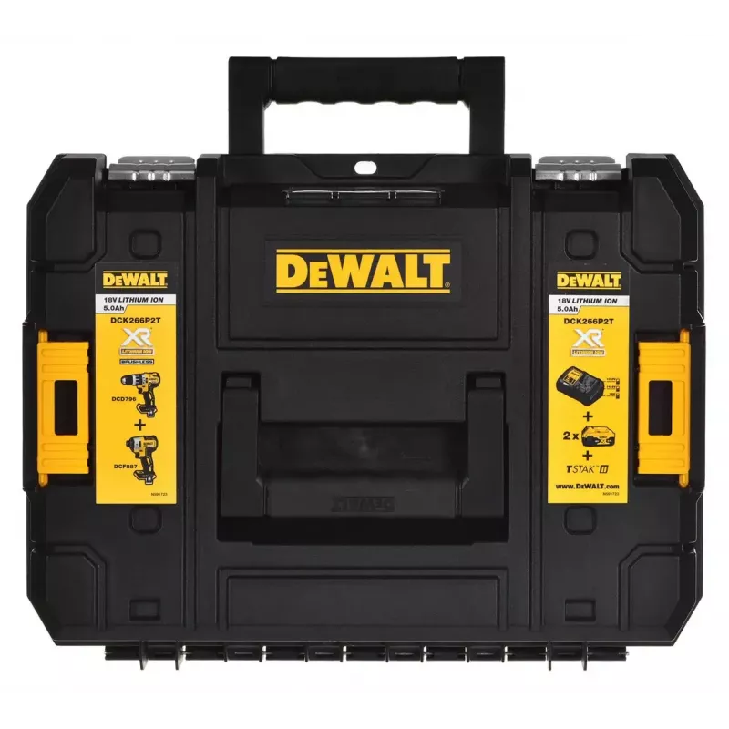 Belaidis įrankių rinkinys DeWalt DCK266P2T — 18V, 2×5.0Ah akumuliatoriai, smūginis gręžtuvas ir veržliasukis, įkroviklis, dėklas