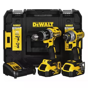 Belaidis įrankių rinkinys DeWalt DCK266P2T — 18V, 2×5.0Ah akumuliatoriai, smūginis gręžtuvas ir veržliasukis, įkroviklis, dėklas