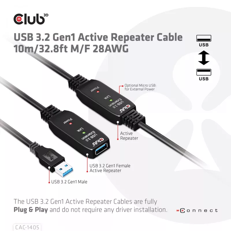 CLUB3D USB 3.2 Gen1 aktyvus kartotuvinis laidas 10 m / 32,8 pėdos M/F 28AWG