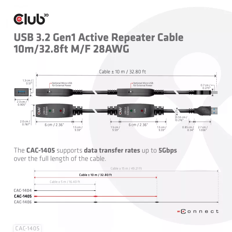CLUB3D USB 3.2 Gen1 aktyvus kartotuvinis laidas 10 m / 32,8 pėdos M/F 28AWG