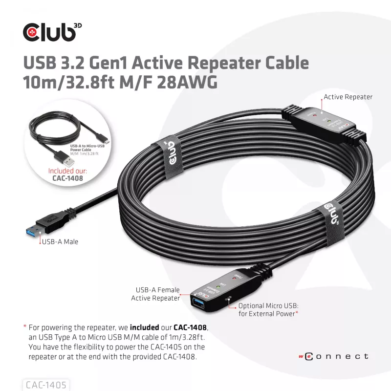 CLUB3D USB 3.2 Gen1 aktyvus kartotuvinis laidas 10 m / 32,8 pėdos M/F 28AWG