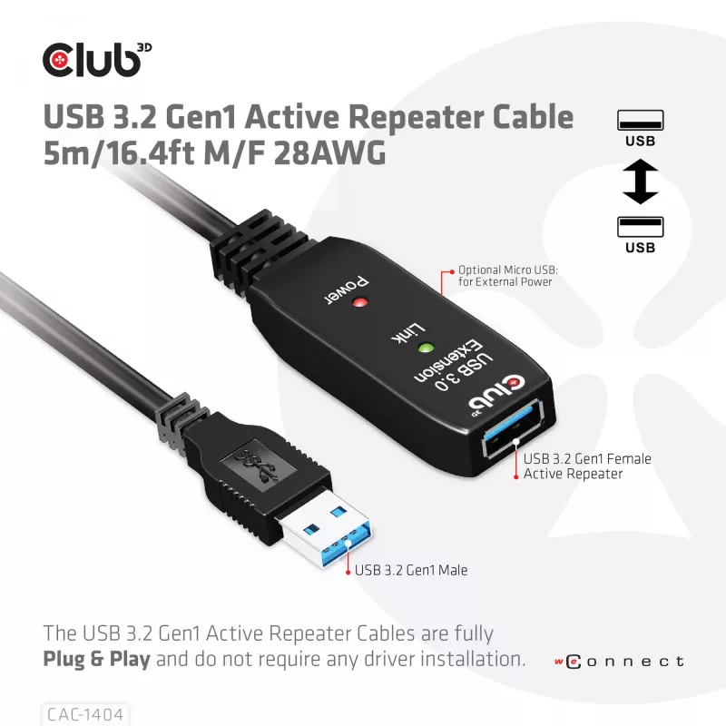 CLUB3D USB 3.2 Gen1 aktyvus kartotuvinis kabelis 5 m / 16,4 pėdų M/F 28AWG