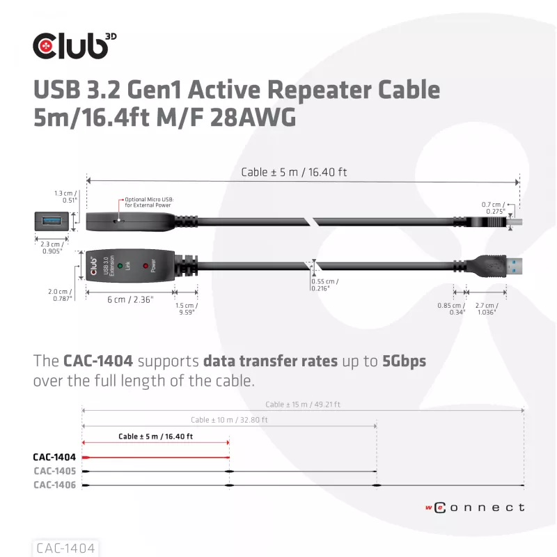 CLUB3D USB 3.2 Gen1 aktyvus kartotuvinis kabelis 5 m / 16,4 pėdų M/F 28AWG