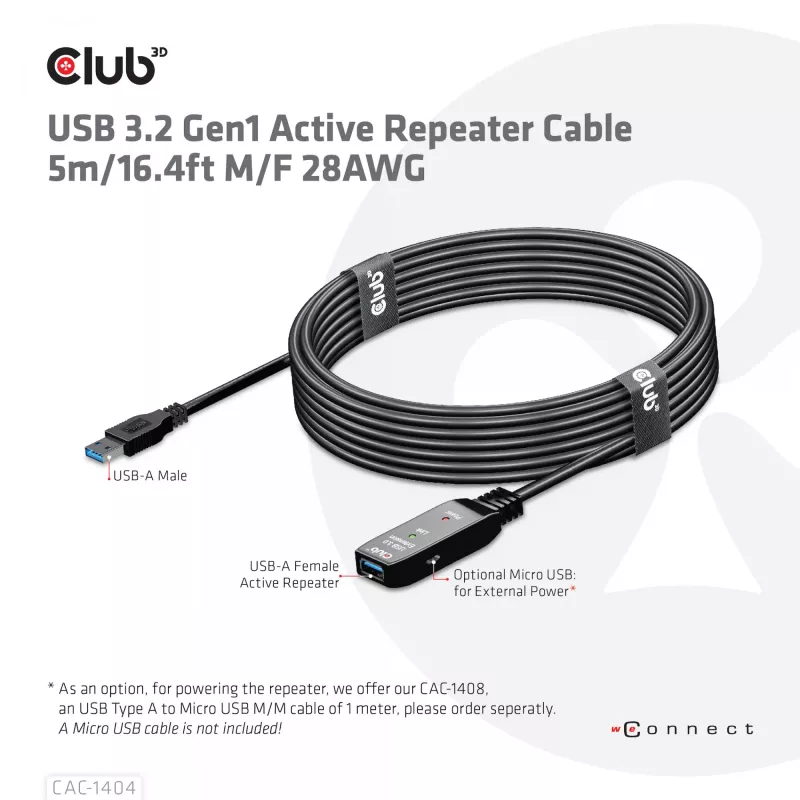 CLUB3D USB 3.2 Gen1 aktyvus kartotuvinis kabelis 5 m / 16,4 pėdų M/F 28AWG