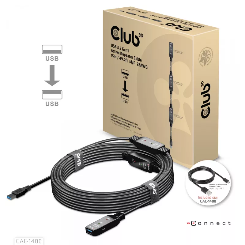 CLUB3D USB 3.2 Gen1 aktyvus kartotuvinis kabelis 15 m / 49,2 pėdų M/F 28AWG