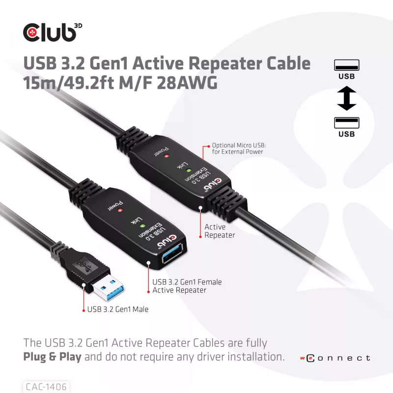 CLUB3D USB 3.2 Gen1 aktyvus kartotuvinis kabelis 15 m / 49,2 pėdų M/F 28AWG