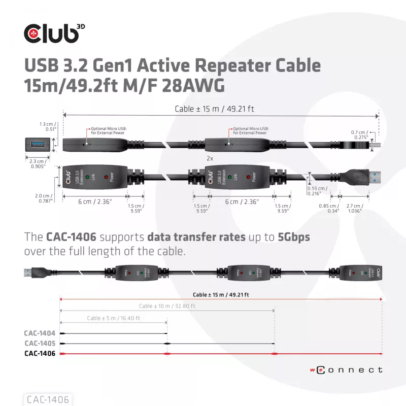 CLUB3D USB 3.2 Gen1 aktyvus kartotuvinis kabelis 15 m / 49,2 pėdų M/F 28AWG