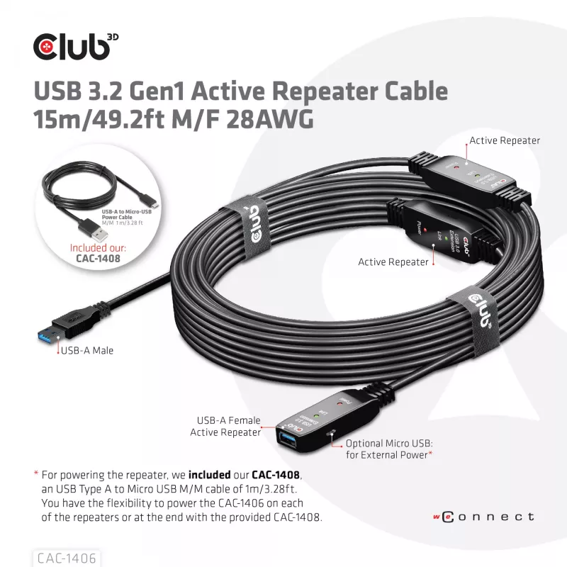 CLUB3D USB 3.2 Gen1 aktyvus kartotuvinis kabelis 15 m / 49,2 pėdų M/F 28AWG