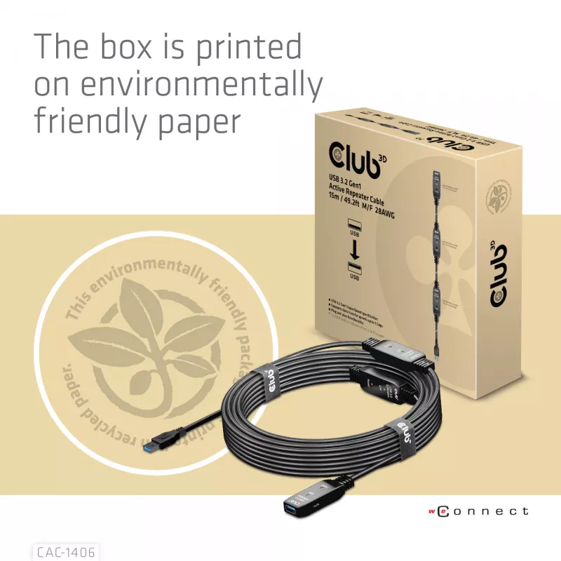 CLUB3D USB 3.2 Gen1 aktyvus kartotuvinis kabelis 15 m / 49,2 pėdų M/F 28AWG