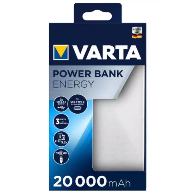 Varta Power Bank Energy 20000 – 20000 mAh, 2× USB A, 1× USB C