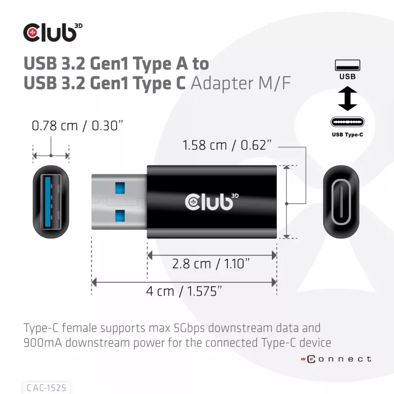 CLUB3D USB 3.2 Gen1 Type A į Type C adapteris (M/F) CAC-1525