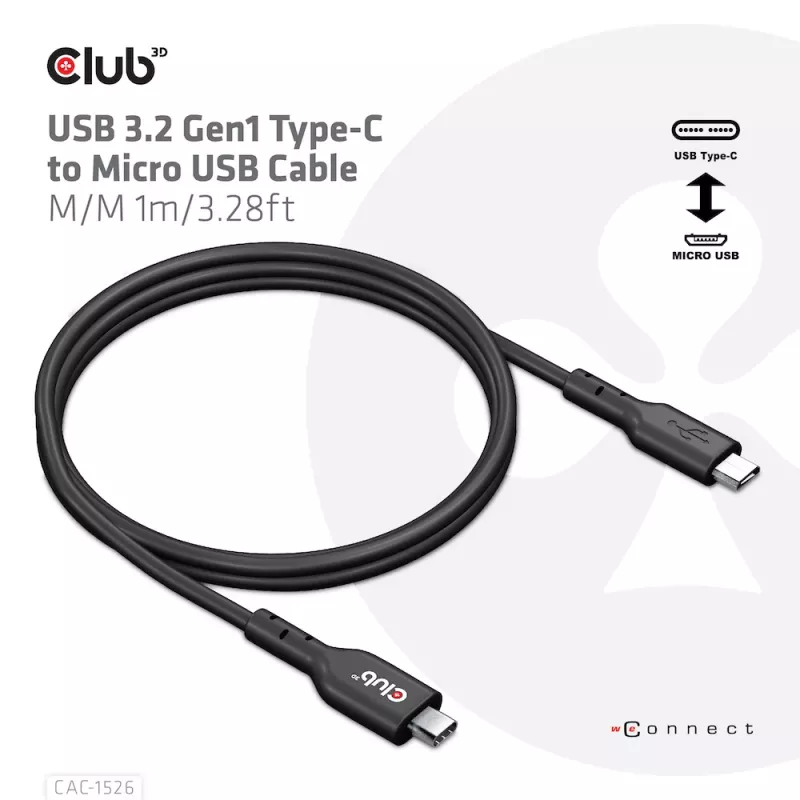 CLUB3D USB 3.2 Gen1 Type-C į Micro USB laidas M/M 1m /3,28 pėdų