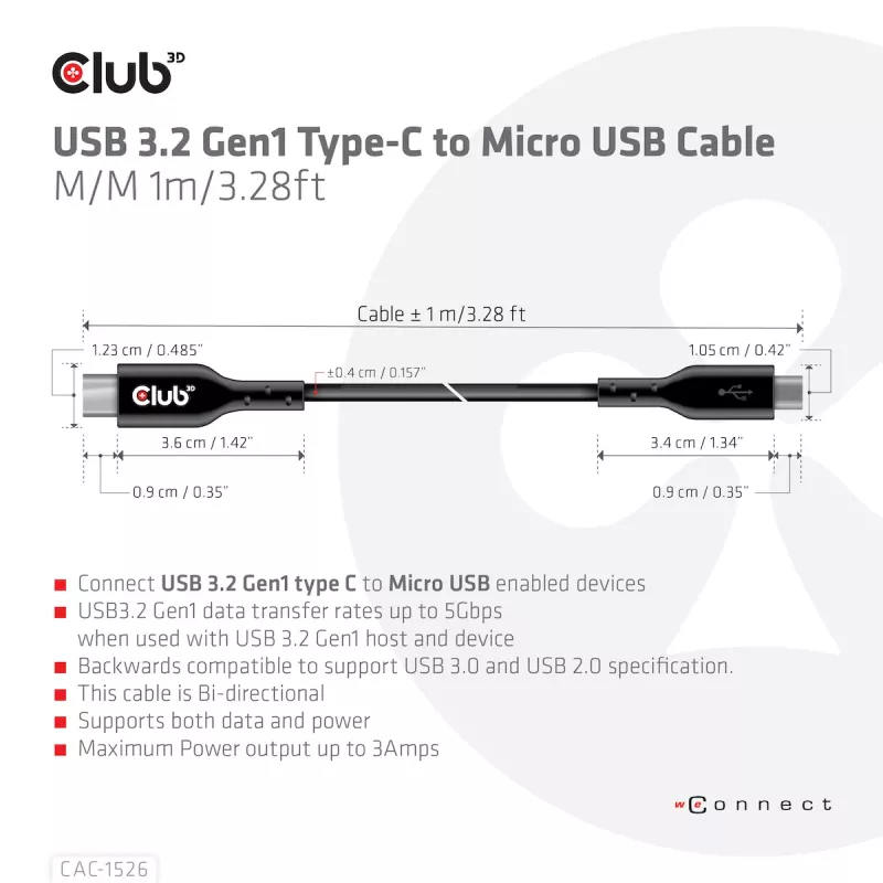 CLUB3D USB 3.2 Gen1 Type-C į Micro USB laidas M/M 1m /3,28 pėdų