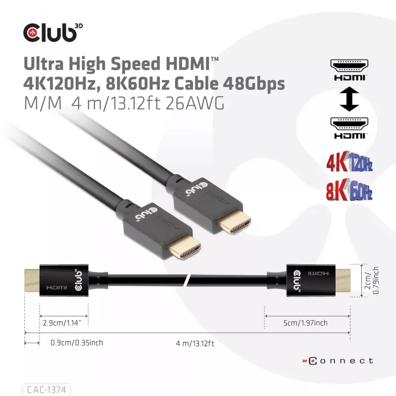 CLUBD3D Ultra High Speed HDMI™ 4K120Hz, 8K60Hz laidas 48Gbps M/M 4 m 26AWG
