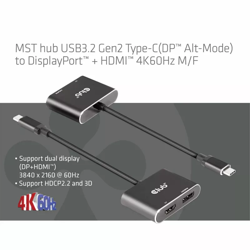 CLUB3D MST stebulė USB3.2 Gen2 Type-C (DP Alt-Mode) į DisplayPort + HDMI 4K60Hz M/F