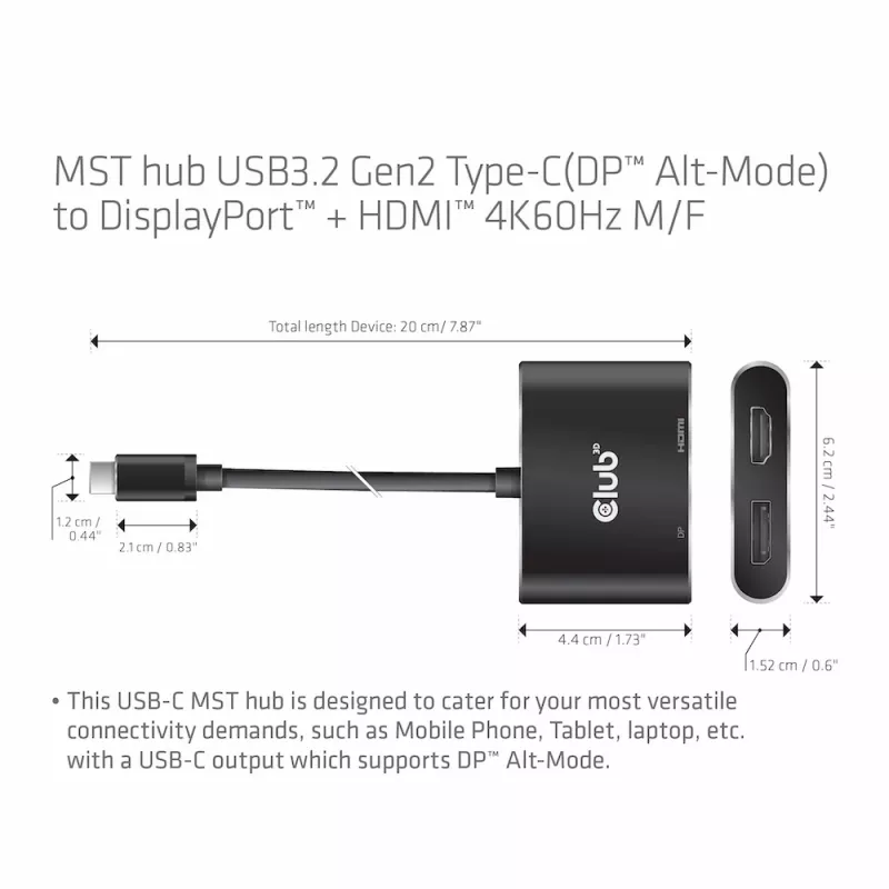 CLUB3D MST stebulė USB3.2 Gen2 Type-C (DP Alt-Mode) į DisplayPort + HDMI 4K60Hz M/F