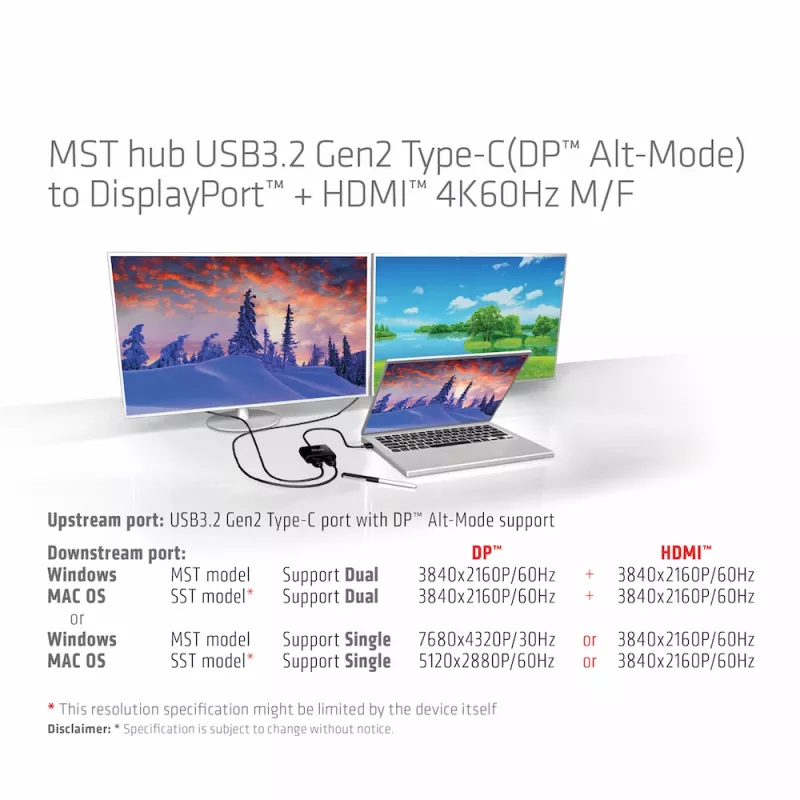 CLUB3D MST stebulė USB3.2 Gen2 Type-C (DP Alt-Mode) į DisplayPort + HDMI 4K60Hz M/F